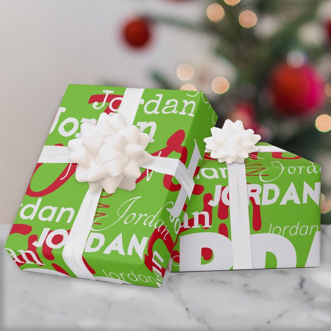 Repeating Name Pattern Red White Green Christmas Wrapping Paper (Creator Uploaded)