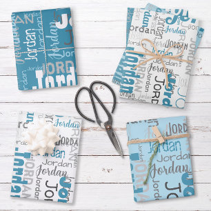 Repeating Name Personalised Blue Med. Length Name Wrapping Paper Sheet