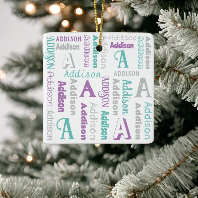 Repeating Name Personalized Gray Purple Teal Ceramic Ornament (Creator Uploaded)