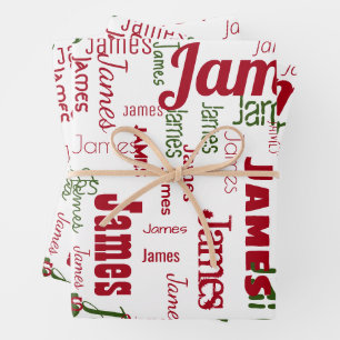 Repeating Name Personalized White Red Green Wrapping Paper Sheet