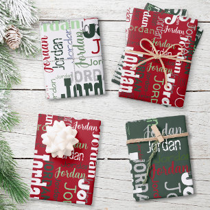 Repeating Name Red Dark Green White Christmas Wrapping Paper Sheet
