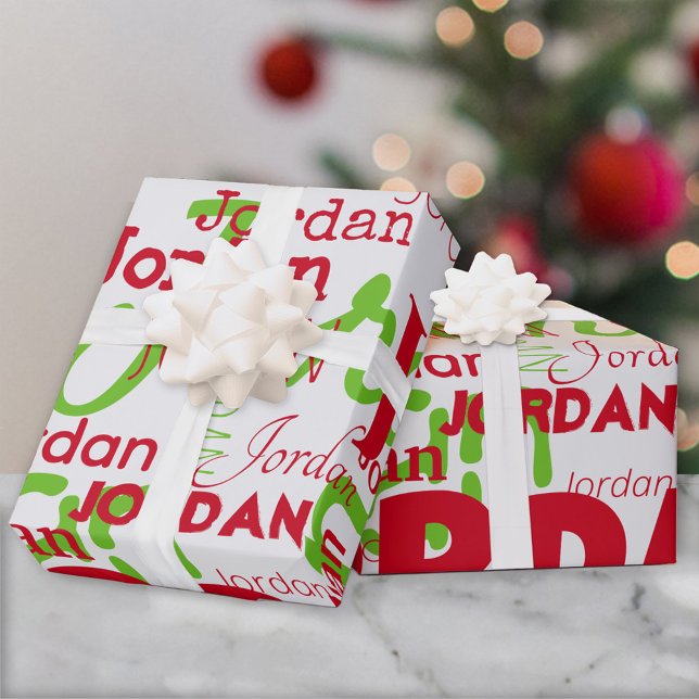 Repeating Name Red Green Font Pattern Christmas Wrapping Paper (Creator Uploaded)