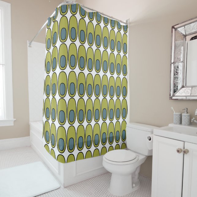 Repeating Olive Green and Grey Ovals Shower Curtain (In Situ)
