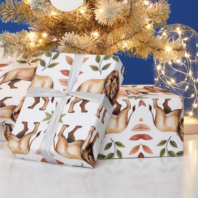 Repeating pattern of lions, giraffes, and elephant wrapping paper (Creator Uploaded)