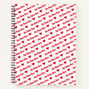 Repeating Red Name & Hearts Cute Girly Notebook