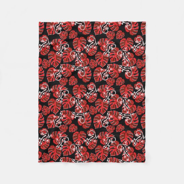 Repeating Salamander And Red Leaf Pattern Fleece Blanket (Front)