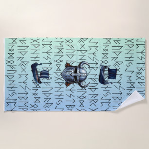 Repeating Viking Ships and Helmet Design over Rune Beach Towel