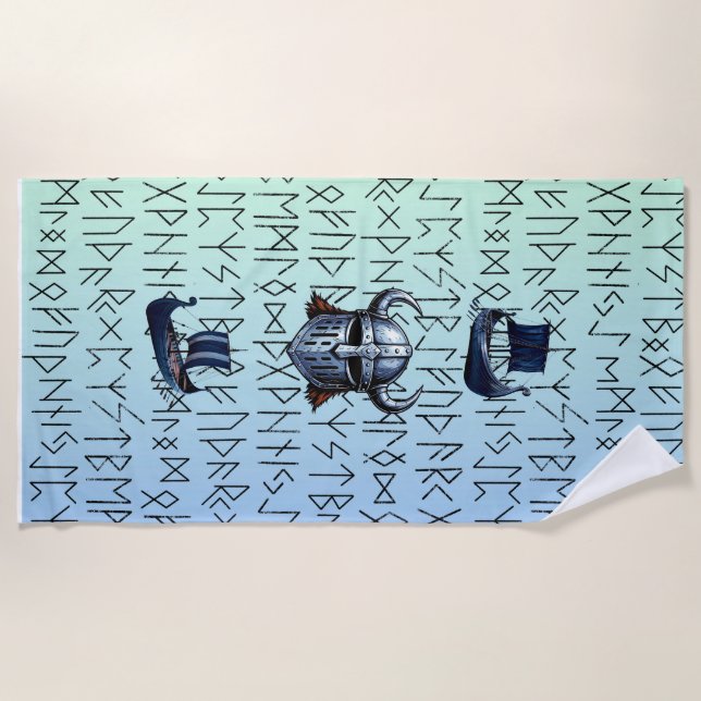 Repeating Viking Ships and Helmet Design over Rune Beach Towel (Front)