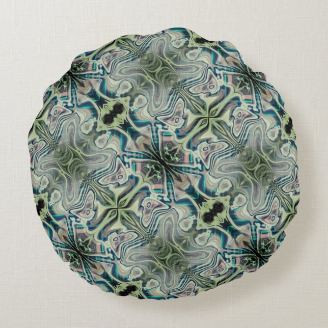 Repetition of greyish green and greenish cyan thro round cushion (Back)