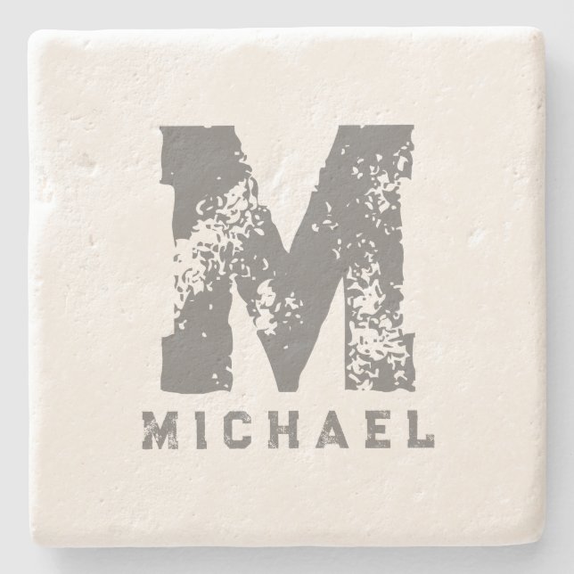 Replace Monogram Initial Name Template Limestone Stone Coaster (Front)
