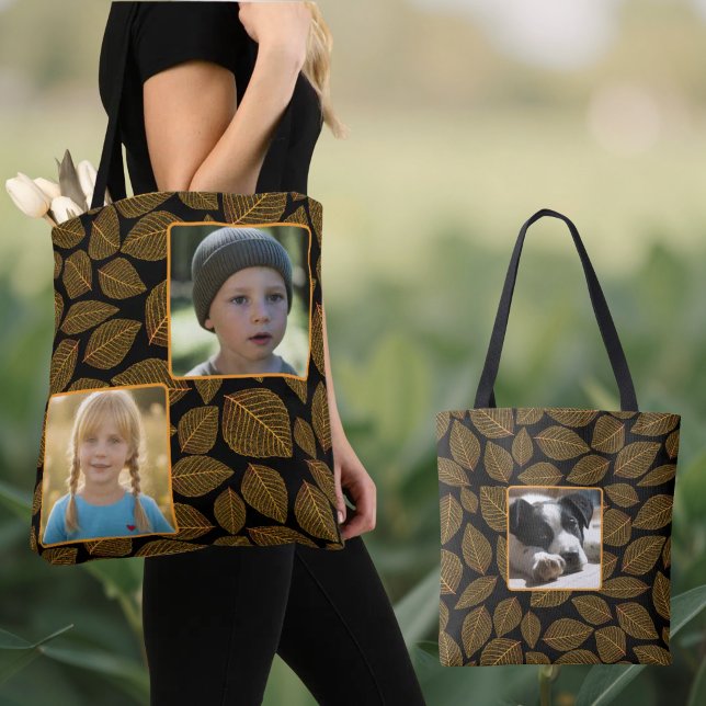 Replaceable Photos Gold Yellow Leaf Pattern Tote Bag (Replaceable photos front and back tote bag with skeleton leaf pattern over black held by model.)