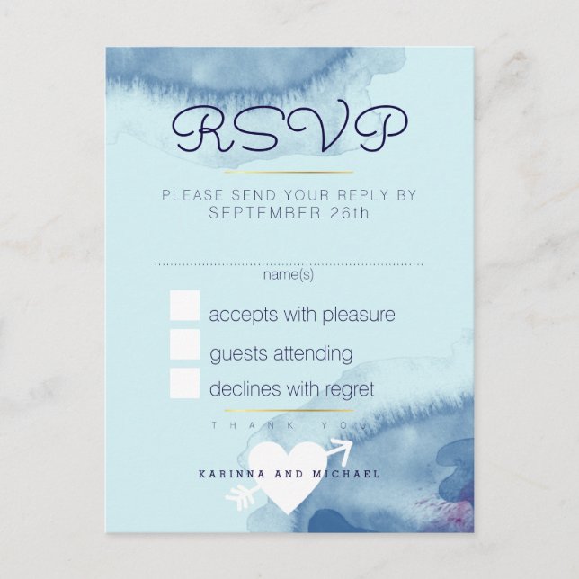 reply . blue watercolor wedding rsvp invitation postcard (Front)