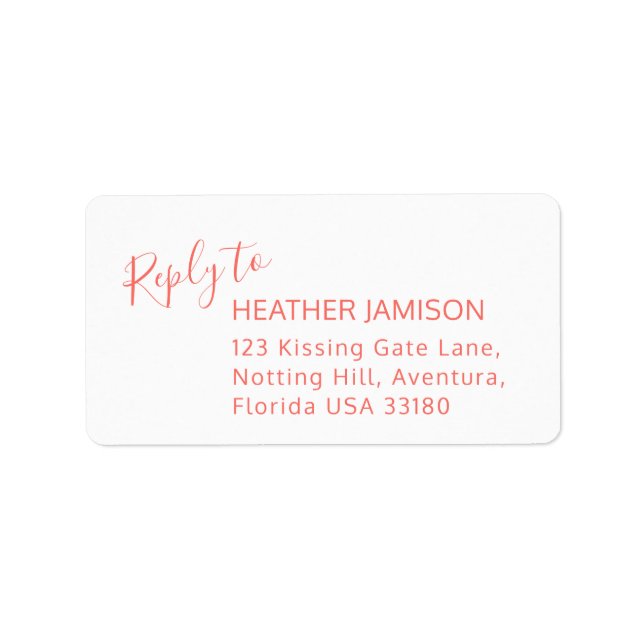 Reply modern coral orange white wedding address label (Front)