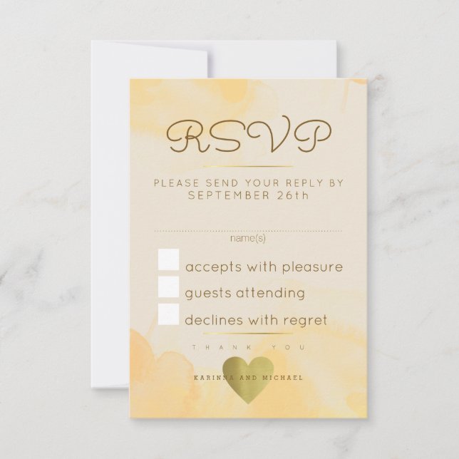 reply, respond rsvp . yellow watercolor wedding card (Front)