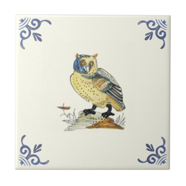 Repro 1700s Antique Hand Painted Delft Owl Tile (Front)