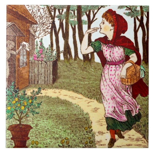 Repro 1870s Wedgwood Red Riding Hood Full Color Tile (Front)