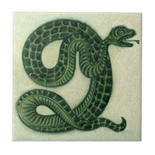 Repro 1880s De Morgan Handpainted Green Snake Tile