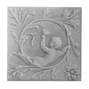 Repro 1880s Minton Faux Relief Putti Gray Marble Tile