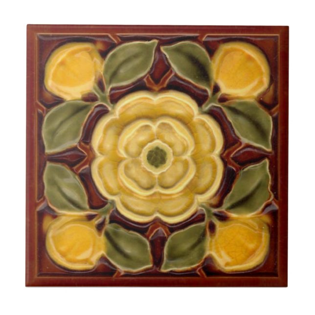 Repro Antique Faux Relief Tudor Rose Majolica Tile (Front)