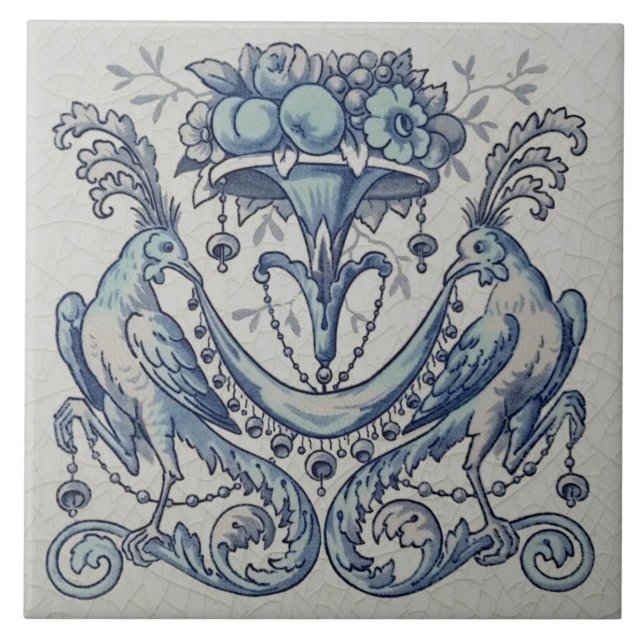 Repro Antique Minton Hollins Birds Fruit Blue Tile (Front)