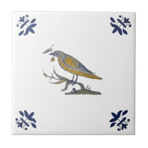Repro Antique Painted Bird on Branch White Multi  Tile