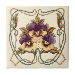 Repro Art Nouveau Hand Colored Pansies Printed Tile