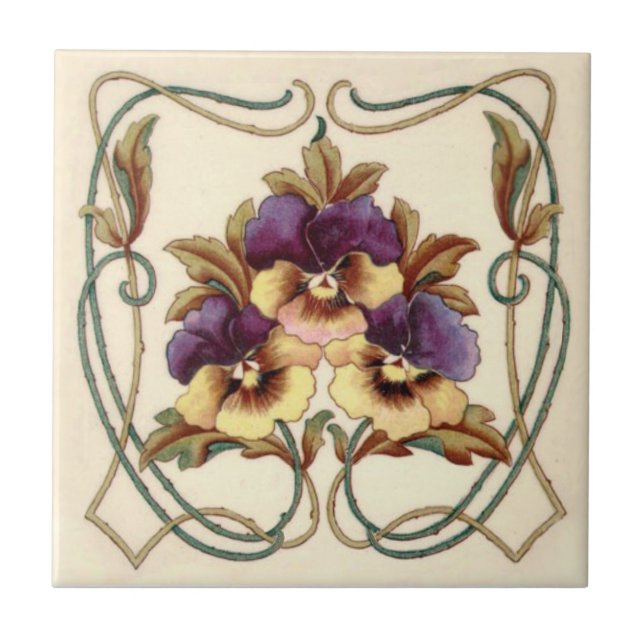 Repro Art Nouveau Hand Colored Pansies Printed Tile (Front)