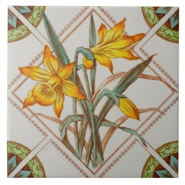Repro Bright c1900 Daffodils Transferware Tile (Front)
