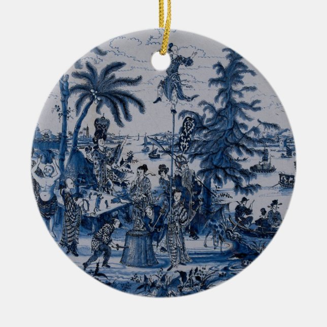 Repro Chinoiserie  Delft Blue and White Tile  Ceramic Tree Decoration (Front)