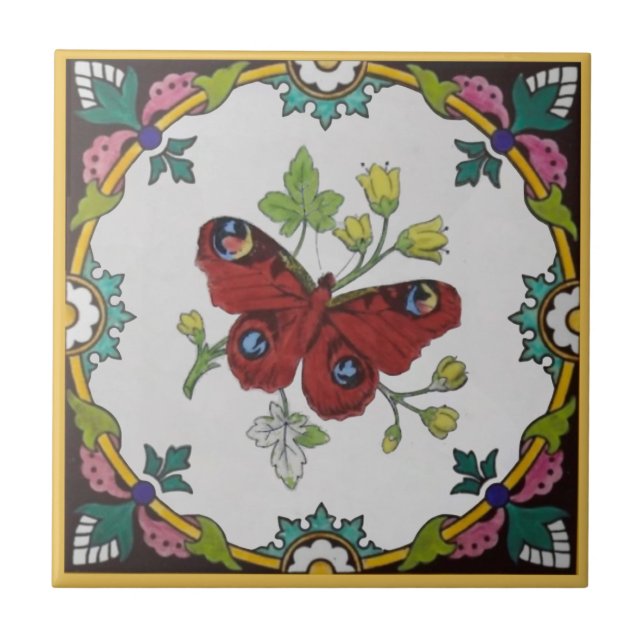 Repro Colorful 1870s Minton Peacock Butterfly Tile (Front)
