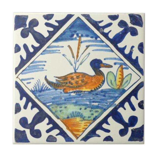 Repro Colorful Antique Dutch Delft Duck Scene Tile (Front)