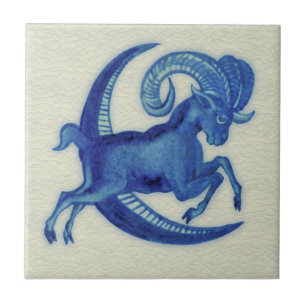 Repro De Morgan Blue Goat Jumping over Moon Tile