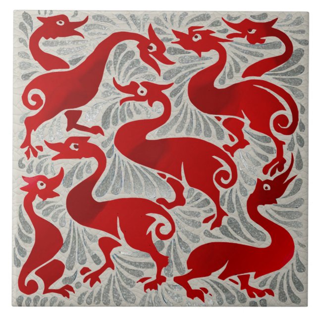 Repro De Morgan Red Lustre+Silver Fantastic Ducks Tile (Front)