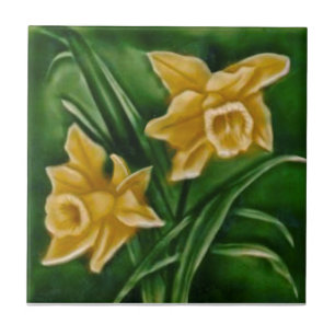 Repro Faux Relief Daffodils on Dark Green Tile