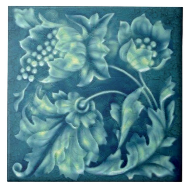 Repro Faux Relief Peacock Aqua Majolica Floral Tile (Front)