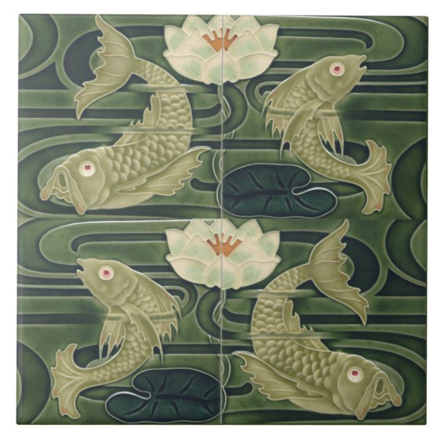 Repro German Art Nouveau Jugendstil Pond Fish Tile (Front)