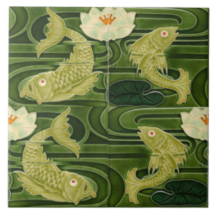 Repro German Art Nouveau Jugendstil Pond Fish Tile