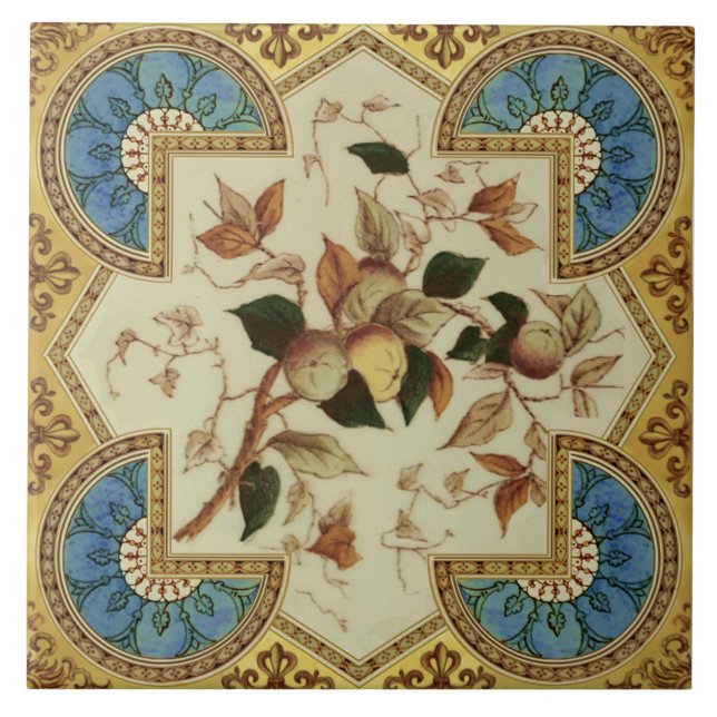 Repro Late Victorian Transferware Blue Gold Fruit Tile (Front)
