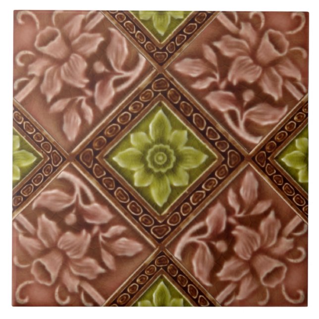 Repro Malkin Floral Daffodils Geometric Majolica Tile (Front)