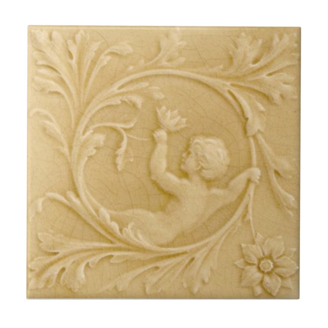 Repro Minton Faux Relief Putti Cream Victorian Tile (Front)
