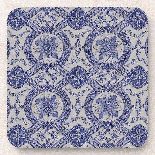 Repro Portuguese Blue Geometric Azulejos Floral  Coaster (Front)