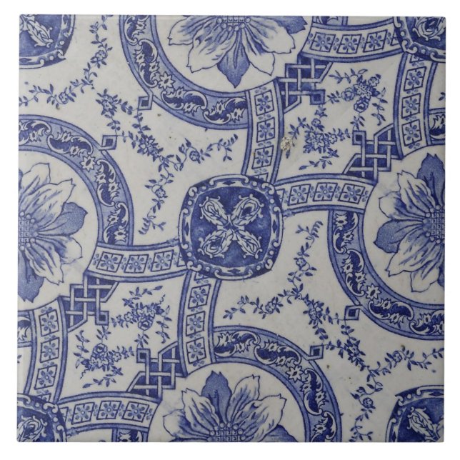 Repro Portuguese Blue Geometric Azulejos Floral Tile (Front)