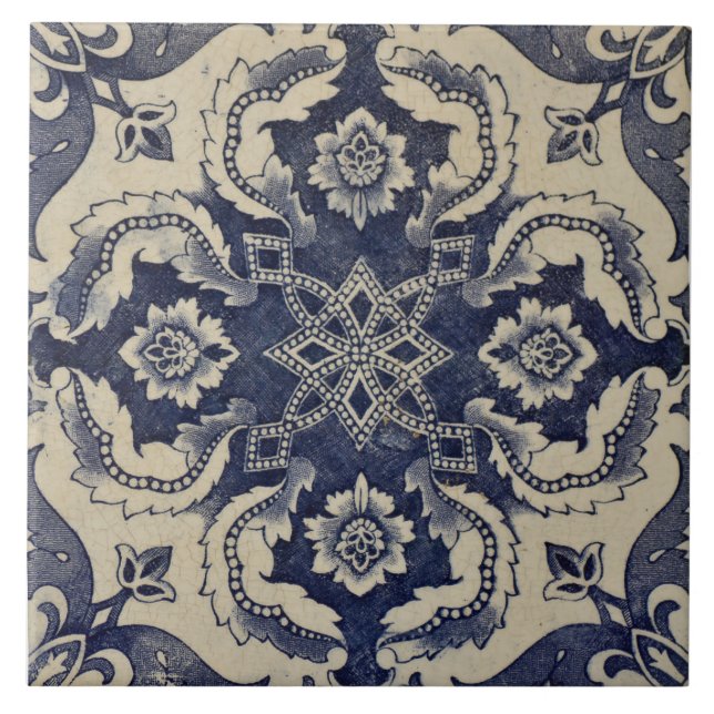 Repro Portuguese Blue Geometric Azulejos Floral Tile (Front)