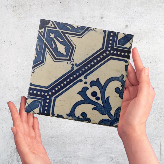Repro Portuguese Blue Geometric Azulejos Tile (vintage azulejos Portuguese tiles on blue and white)