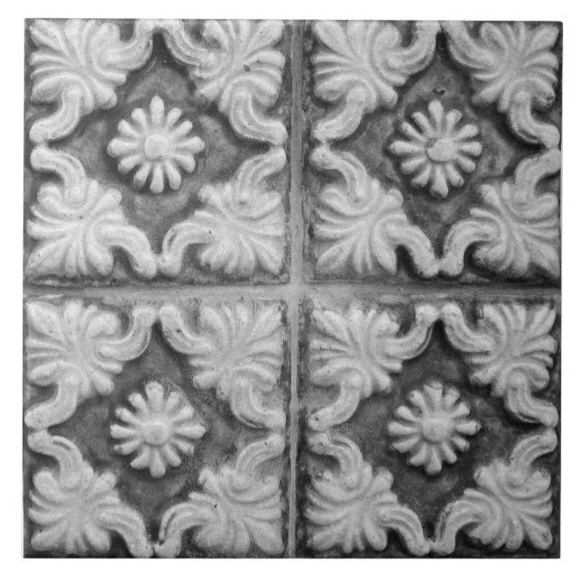 Repro Portuguese Faux Relief Red Gray Floral Tile (Front)