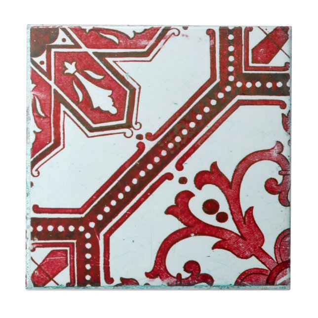 Repro Portuguese Red Geometric Azulejos Tile (Front)