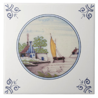 Repro Scenic Delft Polychrome Sailboat, House Tile