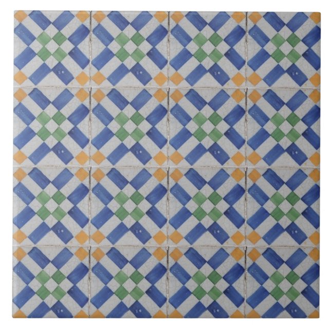 Repro Spanish Geometric Azulejos Blue Tile (Front)