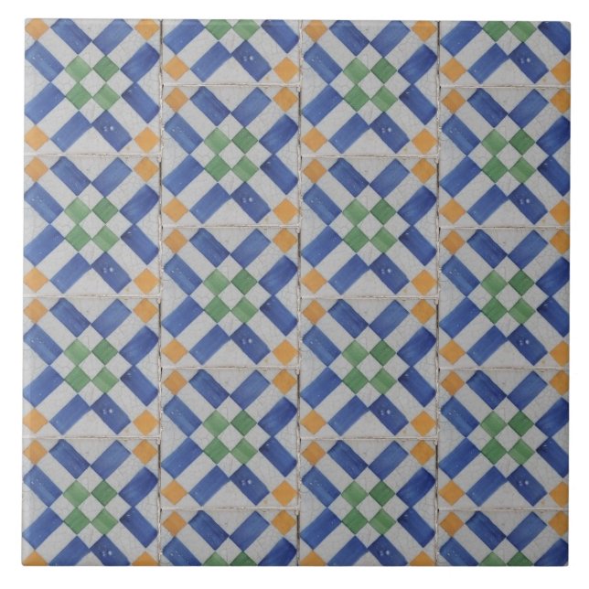 Repro Spanish Geometric Azulejos Blue Yellow Tile (Front)