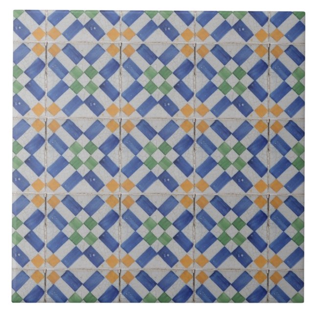 Repro Spanish Geometric Azulejos Blue Yellow Tile (Front)